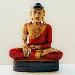 Antique Burmese Hand Carved Wood Polychrome Seated Buddha.