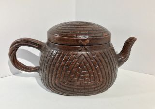 Vintage / Antique Yixing Clay Teapot - Brown Woven Basket Shape & Signed