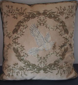 Vtg French Hand Stitch Needlepoint Peace Dove Figure Olive Branch Pillow Sham