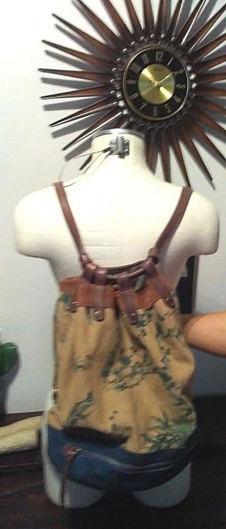 Vtg Style Lucky Brand Leather Canvas Rucksack Backpack Cinch Bag Dk Teal Floral