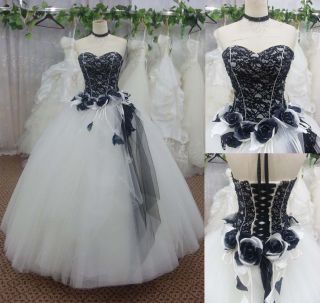 Vintage Black White Wedding Dresses Gothic Lace Flowers Sweetheart Bridal Gowns