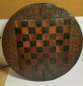 Vintage Hand Carved Wooden Chess Checkers Game Board - African Animals Design