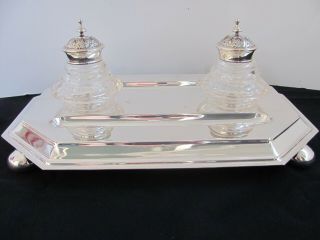 Fine Quality Silver Plate Sheffield England Ink Stand Crystal Bottles Beardshaw