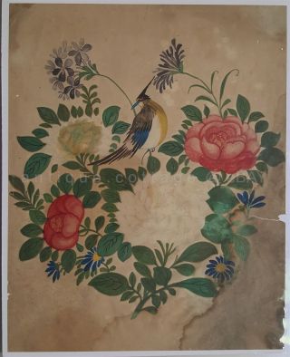 1850 Antique Theorem Fraktur Folk Art Prim Watercolor Bird Heart Aafa Paint