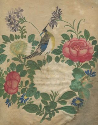 1850 antique THEOREM FRAKTUR FOLK ART prim WATERCOLOR BIRD HEART aafa paint 2