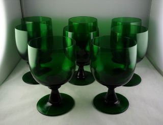 Eight Green Vintage Glass Water Goblets Conical Stems