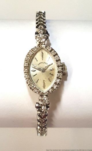 Vintage Hamilton 14k White Gold 1ctw Diamond Approx Lady Running Cocktail Watch