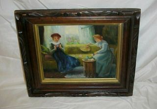 Antique Vintage Oil Painting Of Victorian Ladies Playing Cards