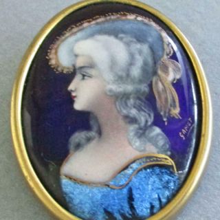 Antique C1900 Hp French Enamel Brooch Miniature Portrait Lady Bonnet Limoges