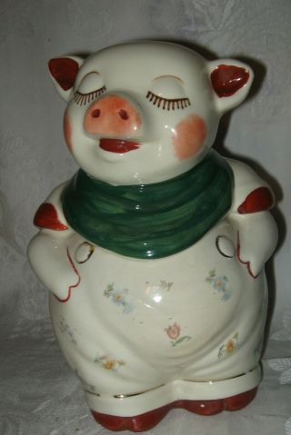 Vintage Shawnee Usa Smiley Pig Cookie Jar W/ Green Kerchief,  Gold Trim & Flowers