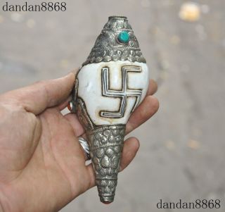 Tibet Buddhism Shell Tibetan Silver Inlay Turquoise Red Coral Conch Trumpet Horn