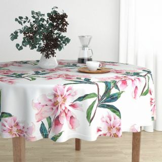 Round Tablecloth Foral Peony Pink Green Soft Vintage Florals Cotton Sateen