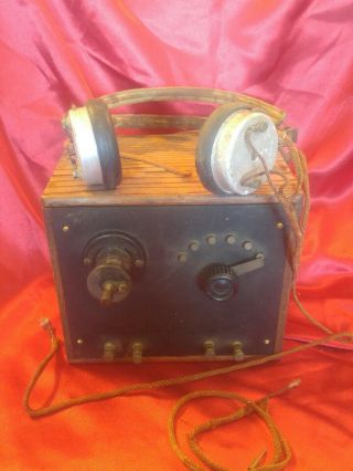 Vintage Homebrew Crystal Radio Set,  Cats Whisker Receiver 1920’s With Headphones