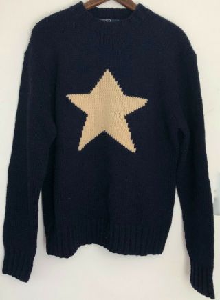 Rare Vintage Polo Ralph Lauren Sweater Medium M Star Wool Hand Knit Navy Blue