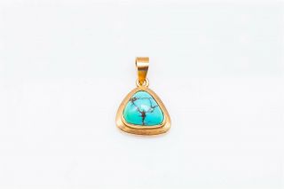 Vintage 1950s Natural Turquoise Gem 14k Yellow Gold Triangle Pendant