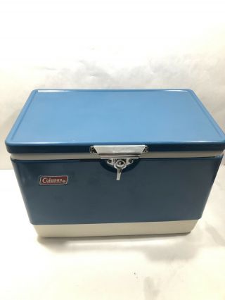 Vintage 1970s Coleman Metal Cooler Ice Chest Blue Great Cond.  With Bottle Opener