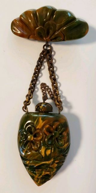 Vtg Art Deco Carved End Of Day Bakelite Miniature Perfume Scent Bottle Brooch