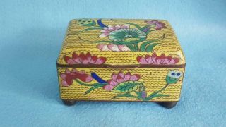 Antique 1900s Chinese Imperial Yellow Cloisonné Box W Lotus Lily