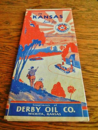 Vintage 1931 Derby Oil Fold Out Road Map Of Kansas