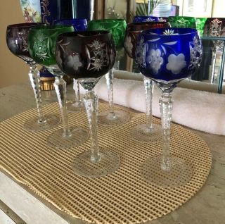Vintage Bohemian Multicolor Set /7 Cut Crystal Wine Hock Goblets