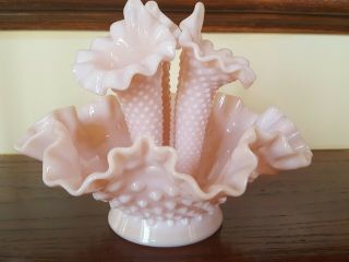 Vintage Fenton Pink Milk Glass Hobnail 3 Lilly Epergne Bowl 3 Horn Centerpiece