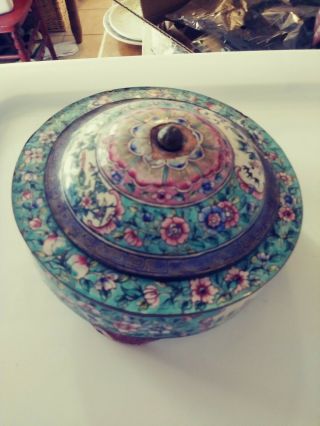 Antique Chinese Cloisonne & Enamel Round Footed Box Scenes And Flowers
