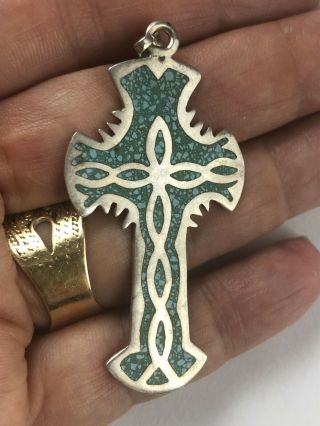 Signed Vintage Navajo Large Sterling Silver Crushed Turquoise Infinity Cross