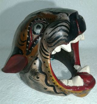 Vintage Hand Carved Painted Wooden Tiger Head Sit Or Wall Sculpture1970s " Roar "
