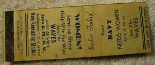 Vintage Rare Ww2,  World War 2 U.  S Navy Women Waves Matchbook,  Washington D.  C,  Ad