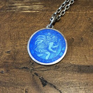 Vintage Sterling Enamel Saint Christopher Medal 26” Sterling Chain