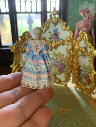 Artisan Miniature Dollhouse Vintage 2 1/2 " Victorian Parian Doll Silk Dress Rare