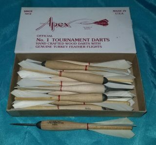 Vintage Box 12 Dozen Apex No 1 Tournament Darts Turkey Feather White Made In Usa
