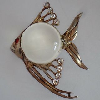 Vintage Sterling Silver Rhinestone Lucite Jelly Belly Tropical Fish Brooch