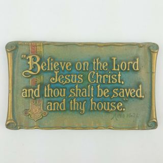 Vintage 1928 A E Mitchell Art Co Cast Metal Wall Plaque Bible Verse Acts