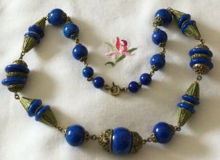 Fabulous Max Neiger Royal Blue Glass / Painted Brass Vintage Necklace C1920/30’s