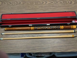 Vintage Hand Carved Pool Cue - 57.  5 " With Case