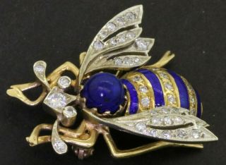 Vintage 14k 2 - Tone Gold 0.  48ct Diamond & Lapis Lazuli Enamel Insect/fly Brooch
