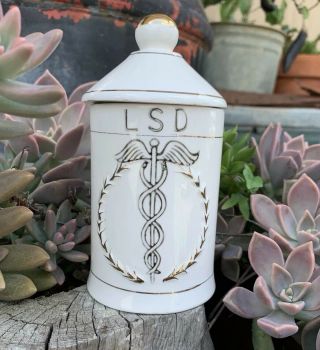 Vintage Lsd Apothecary Jar Canister With Caduceus Mcm Porcelain Drug Rx Acid