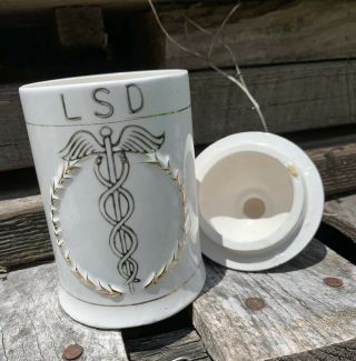 Vintage LSD Apothecary Jar Canister with Caduceus MCM Porcelain Drug Rx ACID 2