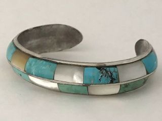 Vintage Turquoise & Mother Of Pearl Zuni Inlay Sterling Silver Cuff Bracelet