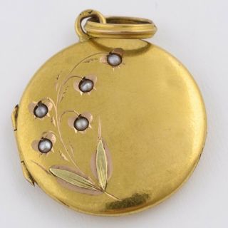 Antique Victorian 10k Gold Lily Of The Valley Seed Pearl Round Locket