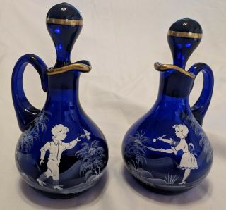 Vintage Cruets 6 " Hand Painted Depression Era Boy & Girl Pair Mary Gregory Style