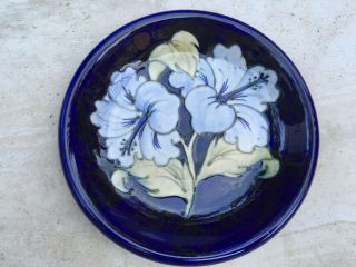 Vintage William Moorcroft 8.  5 " Hibiscus Plate Or Shallow Bowl Flow Blue & White