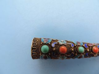 ANTIQUE CHINESE SILVER FILIGREE FINGER NAIL GUARD BROOCH ENAMEL TURQUOISE CORAL 2