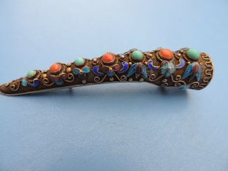 ANTIQUE CHINESE SILVER FILIGREE FINGER NAIL GUARD BROOCH ENAMEL TURQUOISE CORAL 3