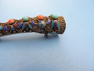 ANTIQUE CHINESE SILVER FILIGREE FINGER NAIL GUARD BROOCH ENAMEL TURQUOISE CORAL 5