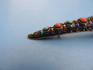 ANTIQUE CHINESE SILVER FILIGREE FINGER NAIL GUARD BROOCH ENAMEL TURQUOISE CORAL 6