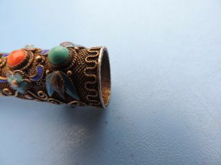 ANTIQUE CHINESE SILVER FILIGREE FINGER NAIL GUARD BROOCH ENAMEL TURQUOISE CORAL 7