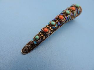 ANTIQUE CHINESE SILVER FILIGREE FINGER NAIL GUARD BROOCH ENAMEL TURQUOISE CORAL 8