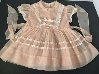 Vintage Baby Girls Lined Sheer Ruffled Dress Lt Peach Swiss Dot W/ Lace & Ties